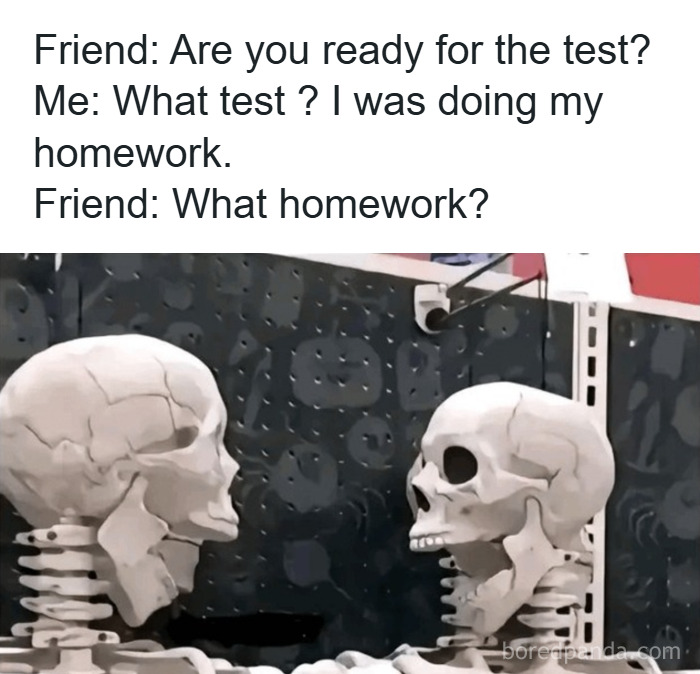 Two skeletons having a humorous conversation about forgetting homework, illustrating college memes for students running on hope and energy drinks.