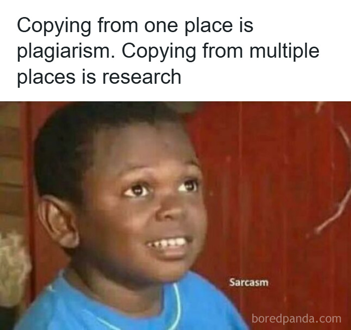 College meme featuring a student humorously defining plagiarism versus research, highlighting college life and energy drink culture.