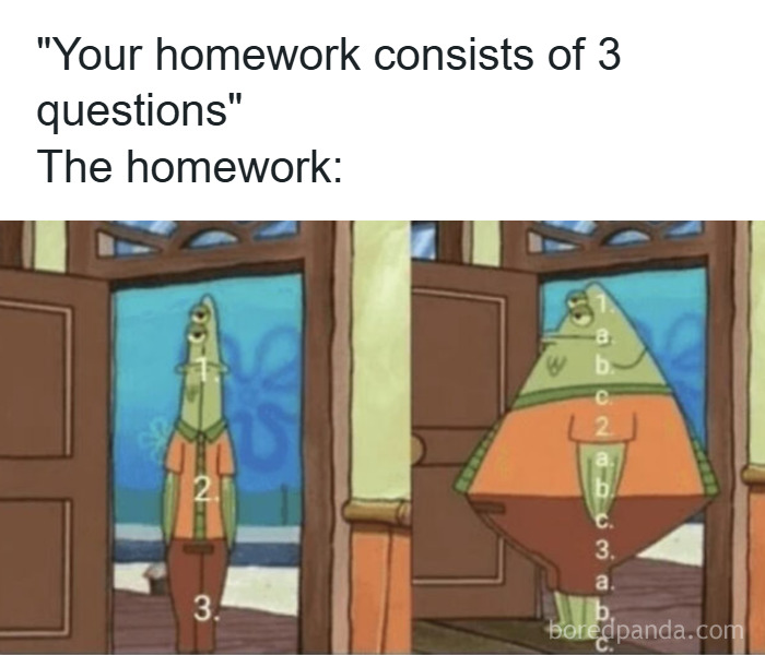 Cartoon character showing overwhelming homework questions humor, capturing college memes for students running on hope and energy drinks.