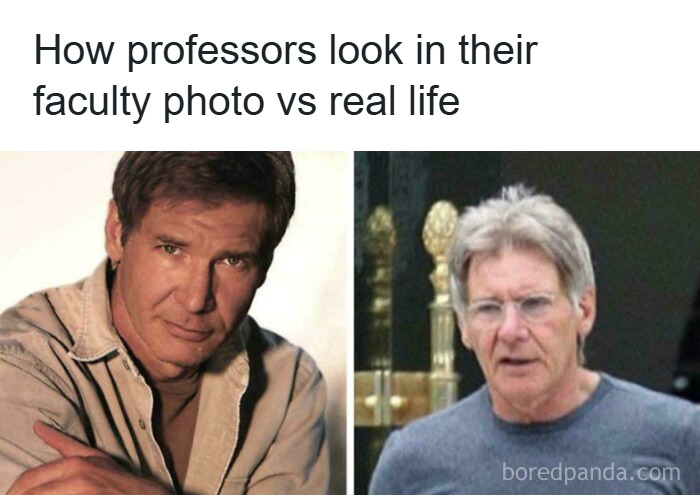 Side-by-side images showing how professors look in faculty photos versus real life, illustrating college memes for students.