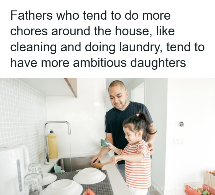 Father and daughter washing dishes together, illustrating fun and fascinating psychology facts about family dynamics.