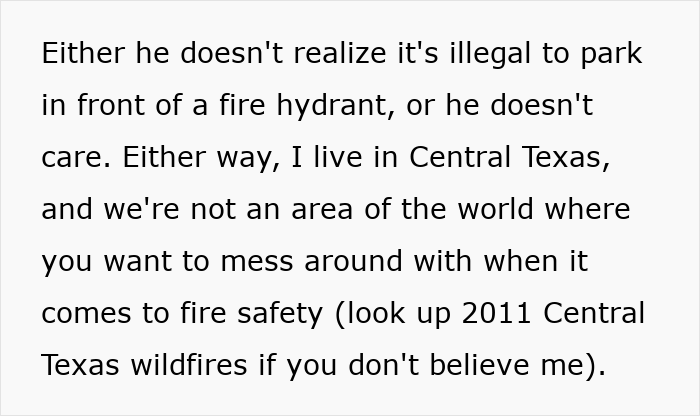 Text about illegal parking blocking fire hydrant in Central Texas, emphasizing fire safety and neighbor reporting incident.