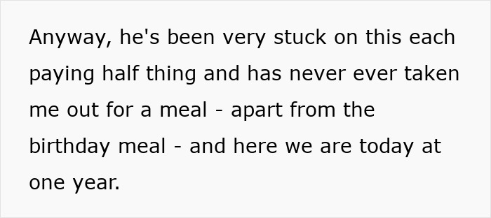 Text excerpt about a woman spoiling her boyfriend on his birthday but getting the ick over petrol money gift.