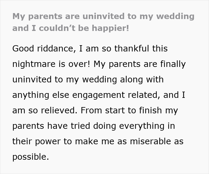 Text post about bride’s parents throwing tantrums and being uninvited from wedding after causing misery. Text post about bride’s parents throwing tantrums and being uninvited from wedding after causing misery.
