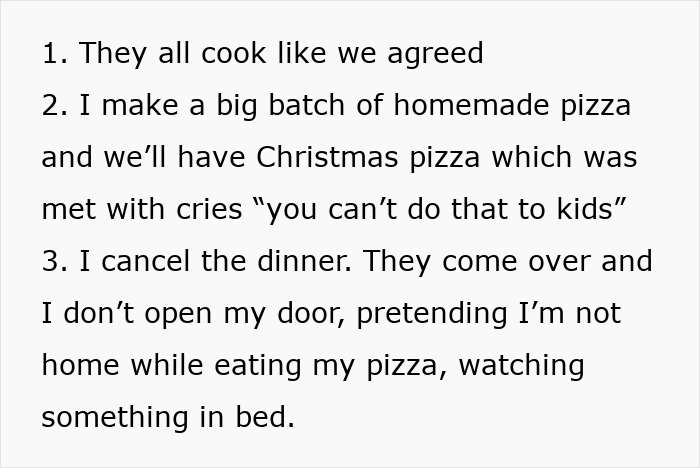 List of options when lazy relatives won&rsquo;t bring food to Christmas dinner, with pizza or no meal as choices.