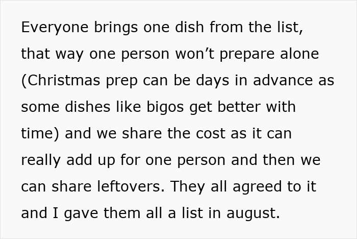 Text excerpt about Christmas dinner prep, highlighting issues with lazy relatives not bringing food and hosting frustrations.