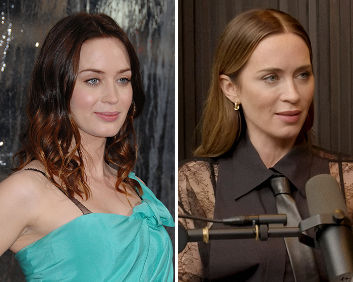 Emily Blunt speaking during a podcast appearance, sparking plastic surgery rumors and public surgeon concerns.