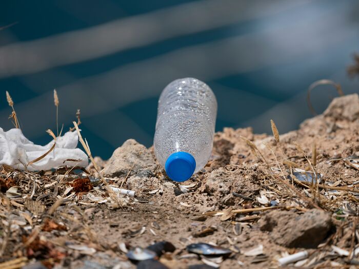 Plastic bottle and litter on rocky ground highlighting environmental issues workers reveal in their industries.