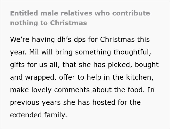 Text excerpt calling out entitled male relatives who contribute nothing to Christmas preparations or celebrations. Text excerpt calling out entitled male relatives who contribute nothing to Christmas preparations or celebrations.