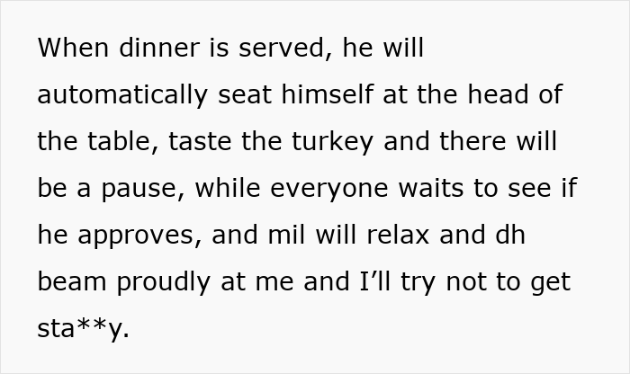 Text excerpt about a woman calling out men who feel entitled to do nothing during Christmas dinner preparations. Text excerpt about a woman calling out men who feel entitled to do nothing during Christmas dinner preparations.