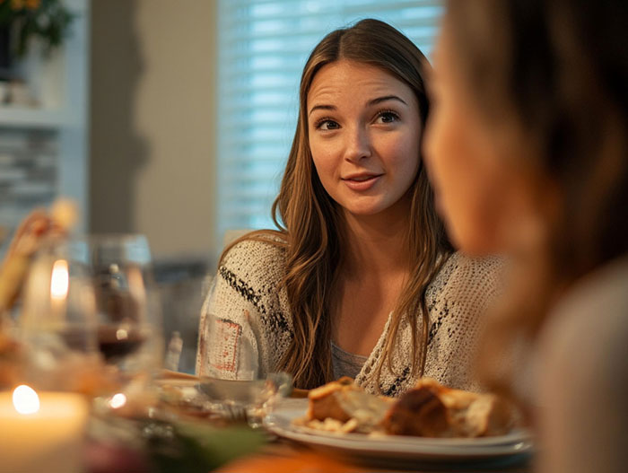 Young woman at Thanksgiving dinner table talking to another guest, illustrating entitled Thanksgiving guest behavior. Young woman at Thanksgiving dinner table talking to another guest, illustrating entitled Thanksgiving guest behavior.