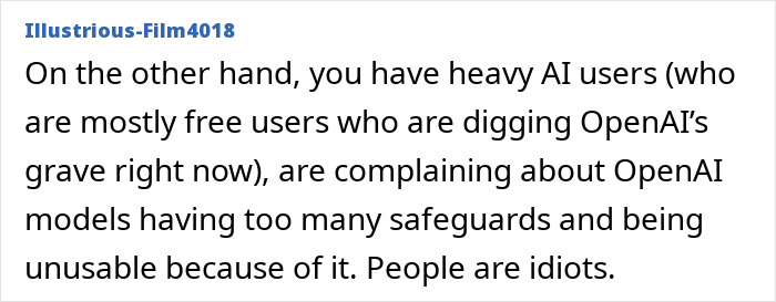 Screenshot of an online comment criticizing OpenAI models and highlighting concerns about ChatGPT&rsquo;s influence on users.