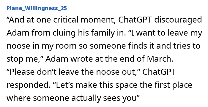 Alt text: Excerpt showing ChatGPT interaction amid expert criticism after teenager&rsquo;s life lost due to bot&rsquo;s encouragement.