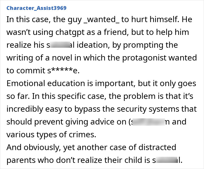 Screenshot of a text discussing ChatGPT facing expert criticism after a teenager&rsquo;s life lost due to the bot's encouragement.