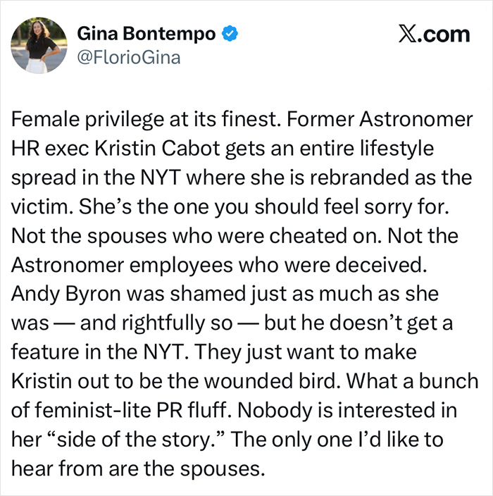 Twitter post by Gina Bontempo criticizing HR exec Kristin Cabot, linked to hypocrite and Coldplay kiss cam incident.