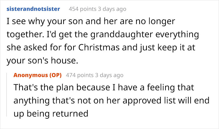 Reddit comments showing a grandma’s savage holiday clapback to entitled ex-daughter-in-law, sparking a family Christmas conflict. Reddit comments showing a grandma’s savage holiday clapback to entitled ex-daughter-in-law, sparking a family Christmas conflict.