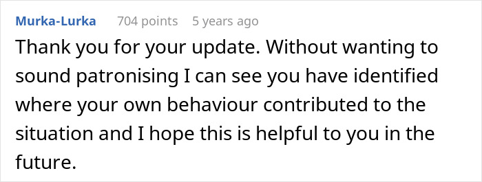 Screenshot of an online comment expressing gratitude and reflection on personal behavior in a difficult situation.