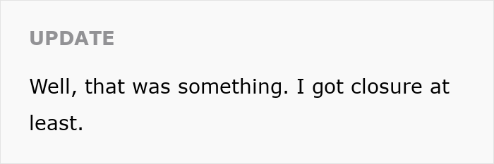 Text update stating a man left without closure after fiancé disappears then hears from her 16 years later.
