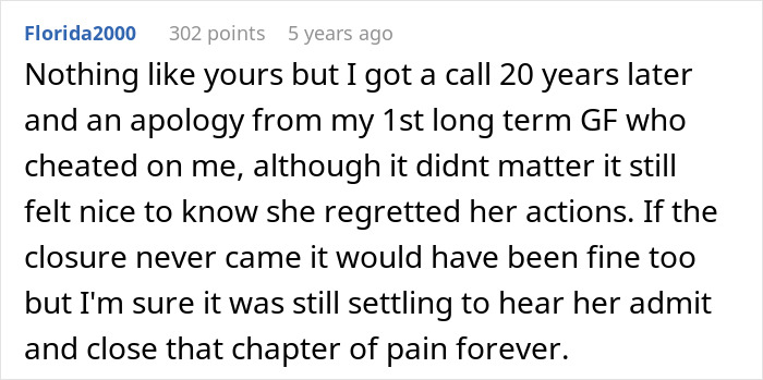 Screenshot of a Reddit comment about a man left without closure after fiancé disappears, hearing from her 16 years later.