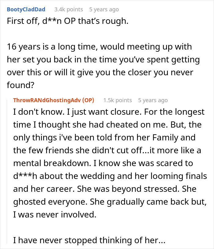 Reddit user shares story about man left without closure after fiancé disappears before wedding then hears from her 16 years later.