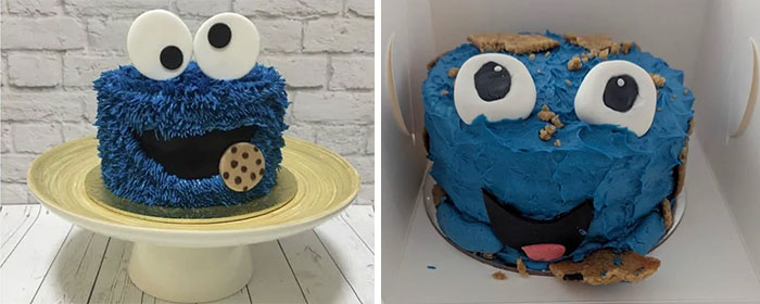 Side-by-side expectation vs reality photos of Cookie Monster cakes, one neat and one messy, showcasing underwhelming results.