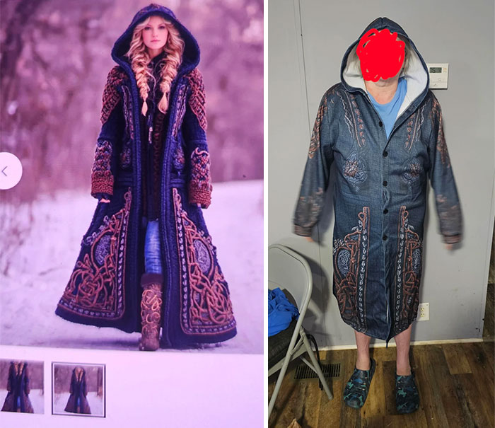 Side-by-side expectation vs reality photos showing a detailed coat design that left people underwhelmed.