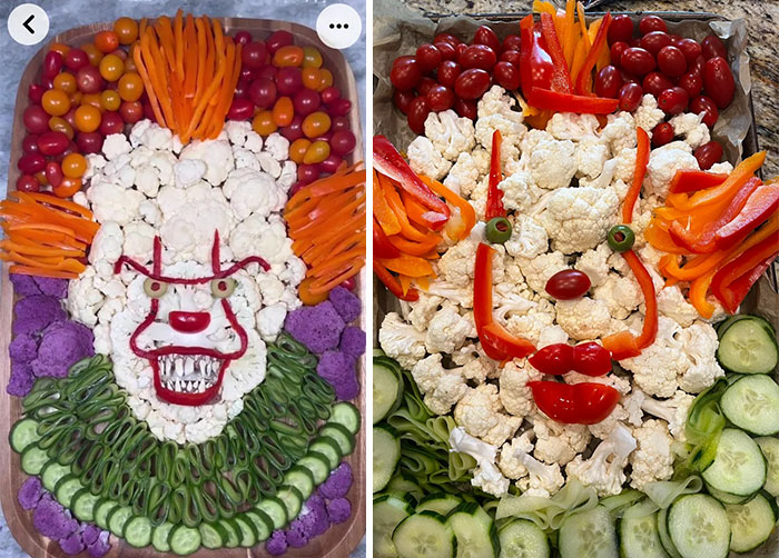 Expectations vs reality photos showing two vegetable platters designed as clown faces with different levels of detail.