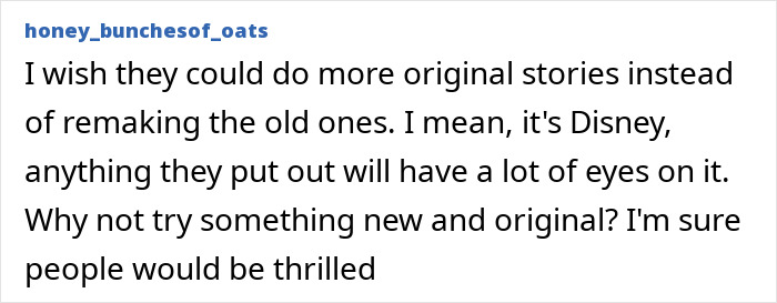 Screenshot of a user comment expressing a wish for Disney to create more original stories instead of remakes amid soulless remakes debate.