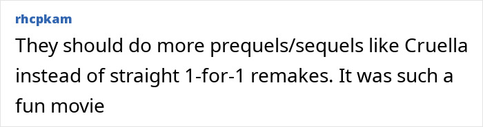 User comment discussing Disney remakes, expressing preference for prequels and sequels over direct 1-for-1 remakes.