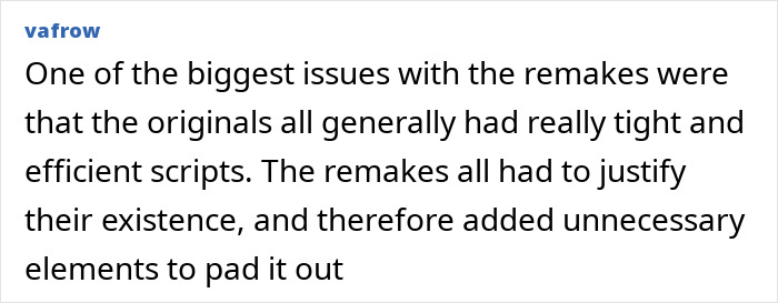 Text comment discussing issues with Disney remakes lacking tight scripts and adding unnecessary elements, addressing soulless remakes.
