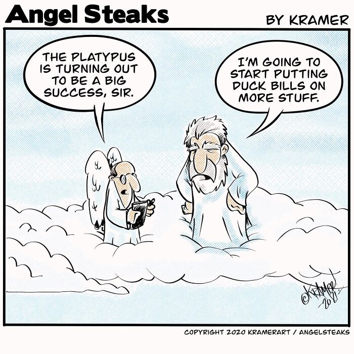 Single-panel cartoon featuring God and an angel discussing the platypus in a humorous divine setting.