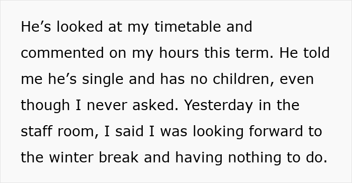 Text excerpt showing a younger colleague describing a guy who won’t leave her alone, hinting at inappropriate intentions. Text excerpt showing a younger colleague describing a guy who won’t leave her alone, hinting at inappropriate intentions.