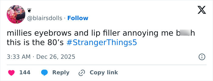 Social media post discussing Millie Bobby Brown and Stranger Things, highlighting fan reactions to a viral shot.