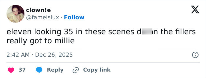 Tweet highlighting fans zooming in on Millie Bobby Brown in a viral Stranger Things scene discussing her mature look.