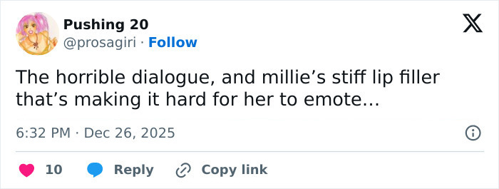 Tweet criticizing Millie Bobby Brown&rsquo;s lip filler and dialogue, sparking fans to zoom in on Stranger Things viral shot.