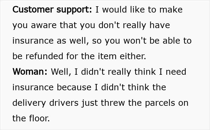 Customer support and woman discussing shattered Christmas gift caused by delivery driver throwing parcels on the floor.