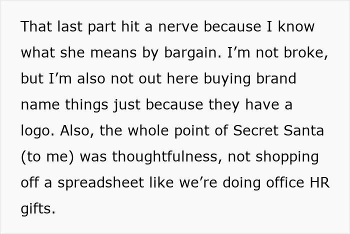 Text excerpt discussing a woman dropping out of family Secret Santa over her sister’s luxe shopping list and gift expectations. Text excerpt discussing a woman dropping out of family Secret Santa over her sister’s luxe shopping list and gift expectations.