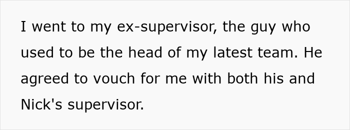 Screenshot of a text describing an employee seeking support from an ex-supervisor after threats of termination from their boss.