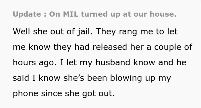 Text update about a woman dealing with her mother-in-law after 29 years of marriage concerning a restraining order.