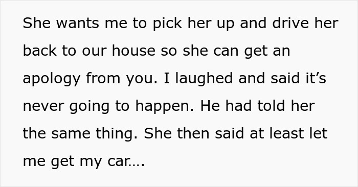 Text excerpt showing a woman discussing refusing to pick up her mother-in-law amid ongoing marital issues and restraining order.