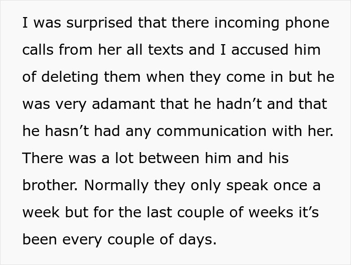 Text excerpt discussing phone calls, deleted texts, and strained communication between family members after 29 years of marriage issues with MIL.