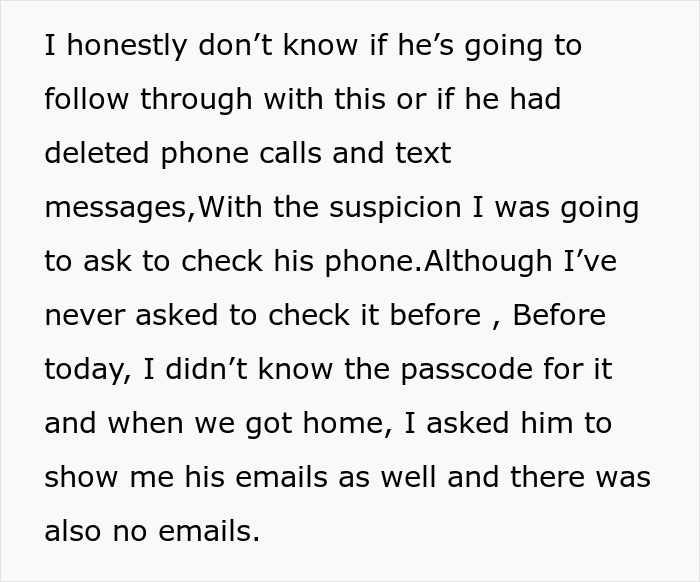 Text discussing suspicion, deleted phone calls and texts, and checking emails in a relationship conflict involving a restraining order.