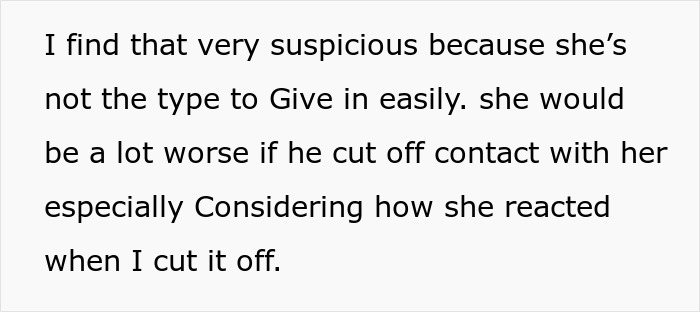 Text on a white background discussing suspicion about a woman&rsquo;s reaction after contact was cut off, relating to restraining order issues.