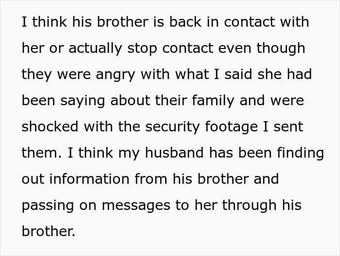 Text message discussing family conflicts and restraining order involving husband&rsquo;s brother and mother-in-law.
