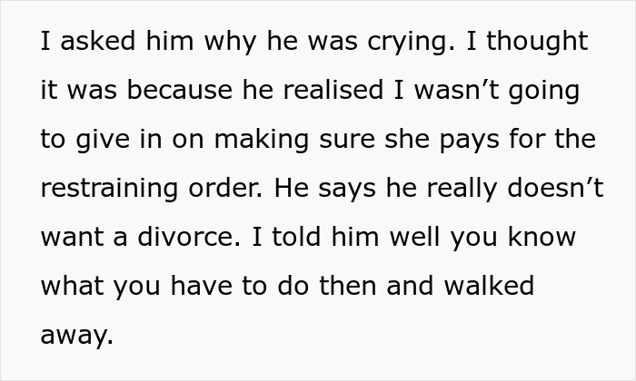 Text excerpt about a woman discussing her decision to get a restraining order after many years of marriage conflict.