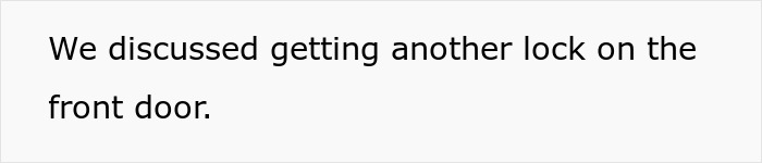 Text on white background reading We discussed getting another lock on the front door, relating to restraining order against MIL after 29 years of marriage.