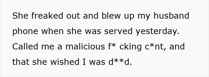 Text showing a woman&rsquo;s account of her mother-in-law&rsquo;s hostile reaction after being served a restraining order.