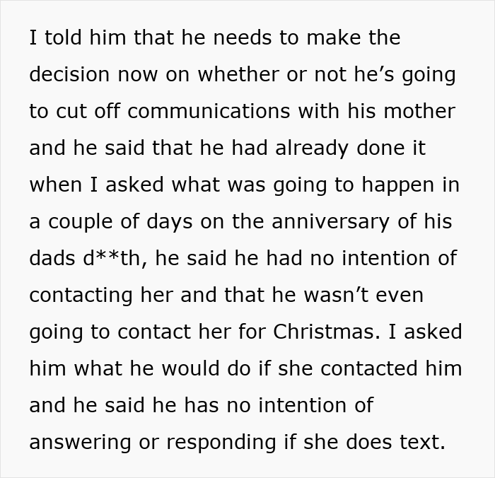 Conversation text discussing a woman's decision to cut off communication with her mother-in-law after 29 years of marriage.
