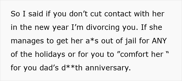 Text excerpt showing a woman threatening divorce over continued contact with mother-in-law before filing a restraining order