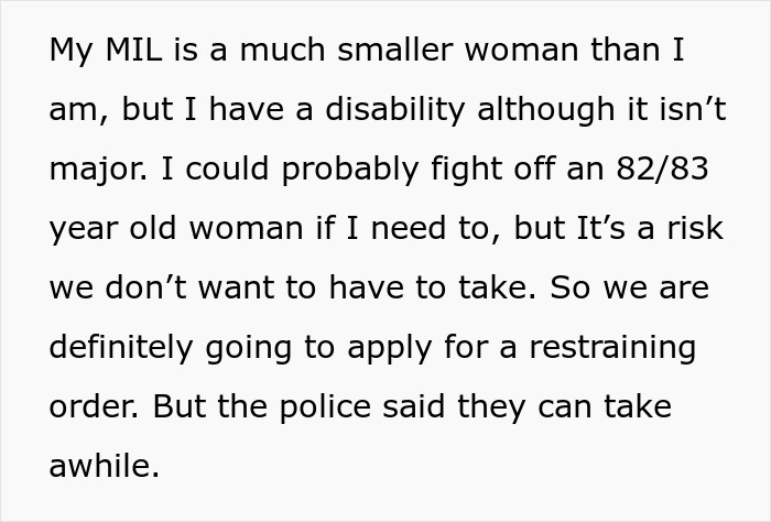 Text about a woman discussing her disability and plans to apply for a restraining order against her mother-in-law.